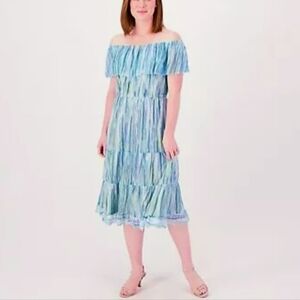 Isaac Mizrahi Printed Mesh Ruffle Dress-BlueOff-Shoulder Dress